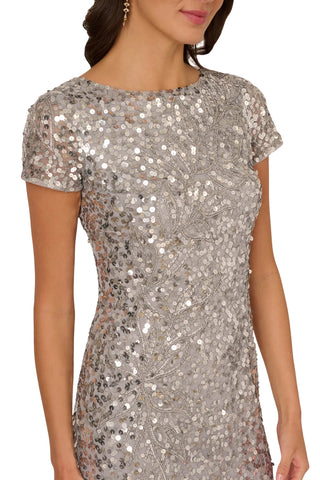 Adrianna Papell Sequin Embellishment Crew Neck Scoop Back Neckline Short Sleeves Slim Column Silhouette Maxi Gown Dress