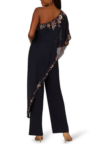 Adrianna Papell Beaded Overlay One Shoulder Straight Leg Jumpsuit Curated Brands Adrianna Papell Beaded Overlay One Shoulder Straight Leg Jumpsuit Curated Brands
