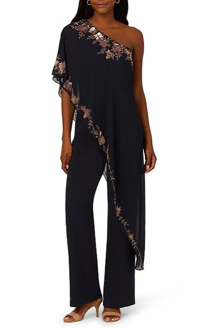 Adrianna Papell Beaded Overlay One Shoulder Straight Leg Jumpsuit Curated Brands Adrianna Papell Beaded Overlay One Shoulder Straight Leg Jumpsuit Curated Brands