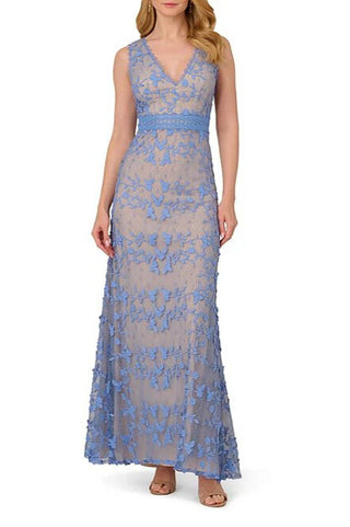 Adrianna Papell Embroidered Lace V-Neckline Sleeveless Sheath Gown Dress | Available at Curated Brands in Los Angeles Adrianna Papell Embroidered Lace V-Neckline Sleeveless Sheath Gown Dress | Available at Curated Brands in Los Angeles