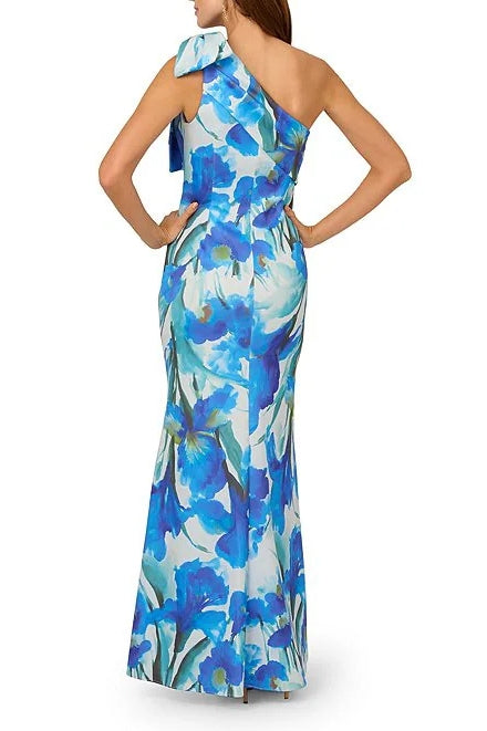 Adrianna Papell Blue Floral One-Shoulder Bow-Tie Detail Sleeveless Scu – Curated Brands Adrianna Papell Blue Floral One-Shoulder Bow-Tie Detail Sleeveless Scu – Curated Brands
