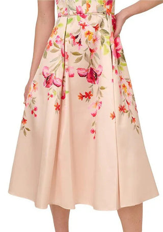 Adrianna Papell Floral Print Square Neckline Sleeveless Back Zipper Closure Seamed Bodice Midi Dress