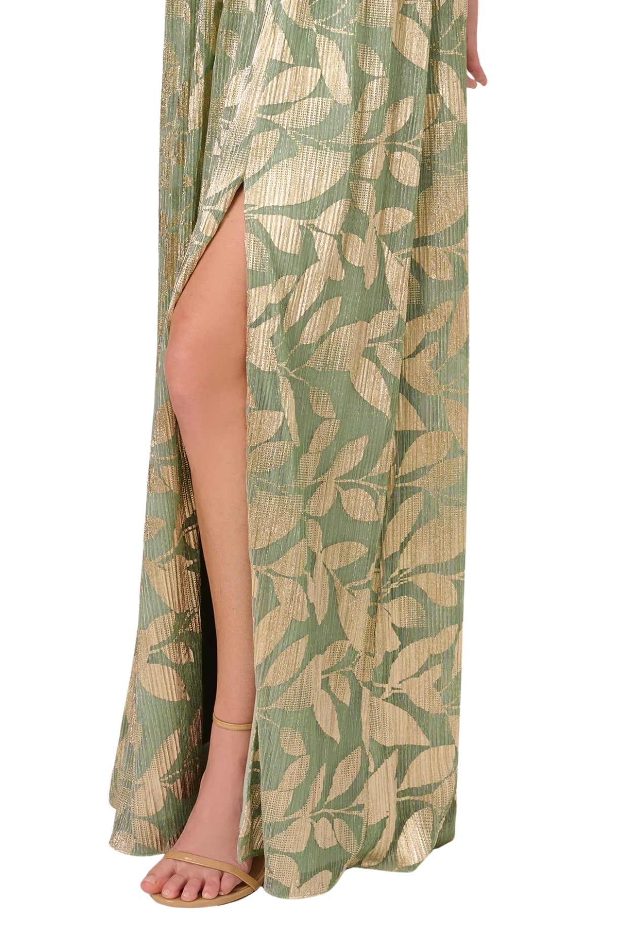 Adrianna Papell Leaf Print Off-The-Shoulder Sleeveless Back Zipper Closure Foiled Knit A-Line Gown Dress | Available at Curated Brands in Los Angeles Adrianna Papell Leaf Print Off-The-Shoulder Sleeveless Back Zipper Closure Foiled Knit A-Line Gown Dress | Available at Curated Brands in Los Angeles