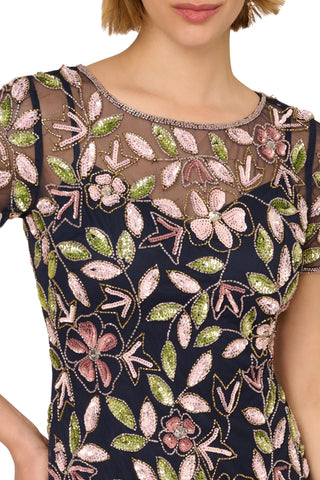 Adrianna Papell Beaded Mesh Overlay Illusion Short Sleeves Jewel Neckline Zipper Closure Godet Skirt Flared A-Line Dress