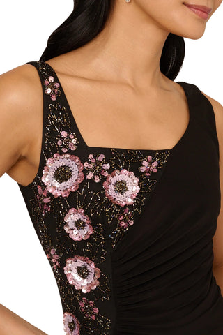 Adrianna Papell Floral Beading Asymmetrical Square Neckline Sleeveless Skirt Side Slit Sheath Gown Dress