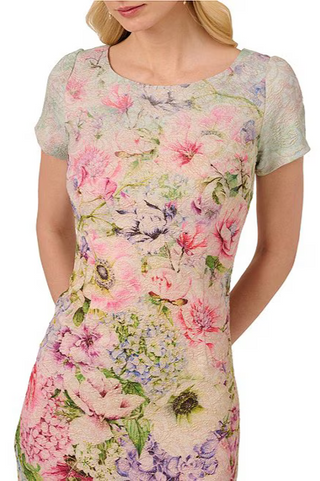 Adrianna Papell Boat Neckline V-Back Short Cap Sleeves Zipper Closure Fit Bodice Sheath Maxi Dress