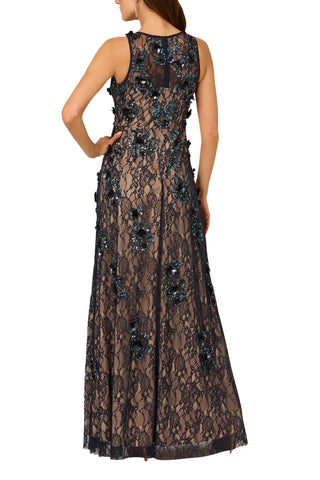 Adrianna Papell Sleeveless Sequin Floral Lace Gown - Midnight Multi/Nude Adrianna Papell Sleeveless Sequin Floral Lace Gown - Midnight Multi/Nude