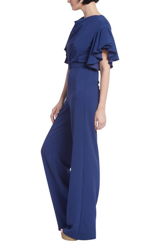 Badgley Mischka Cowl Neck Drapey Sleeve Belted Zipper Closure Solid Stretch Crepe Jumpsuit - Navy - Side View