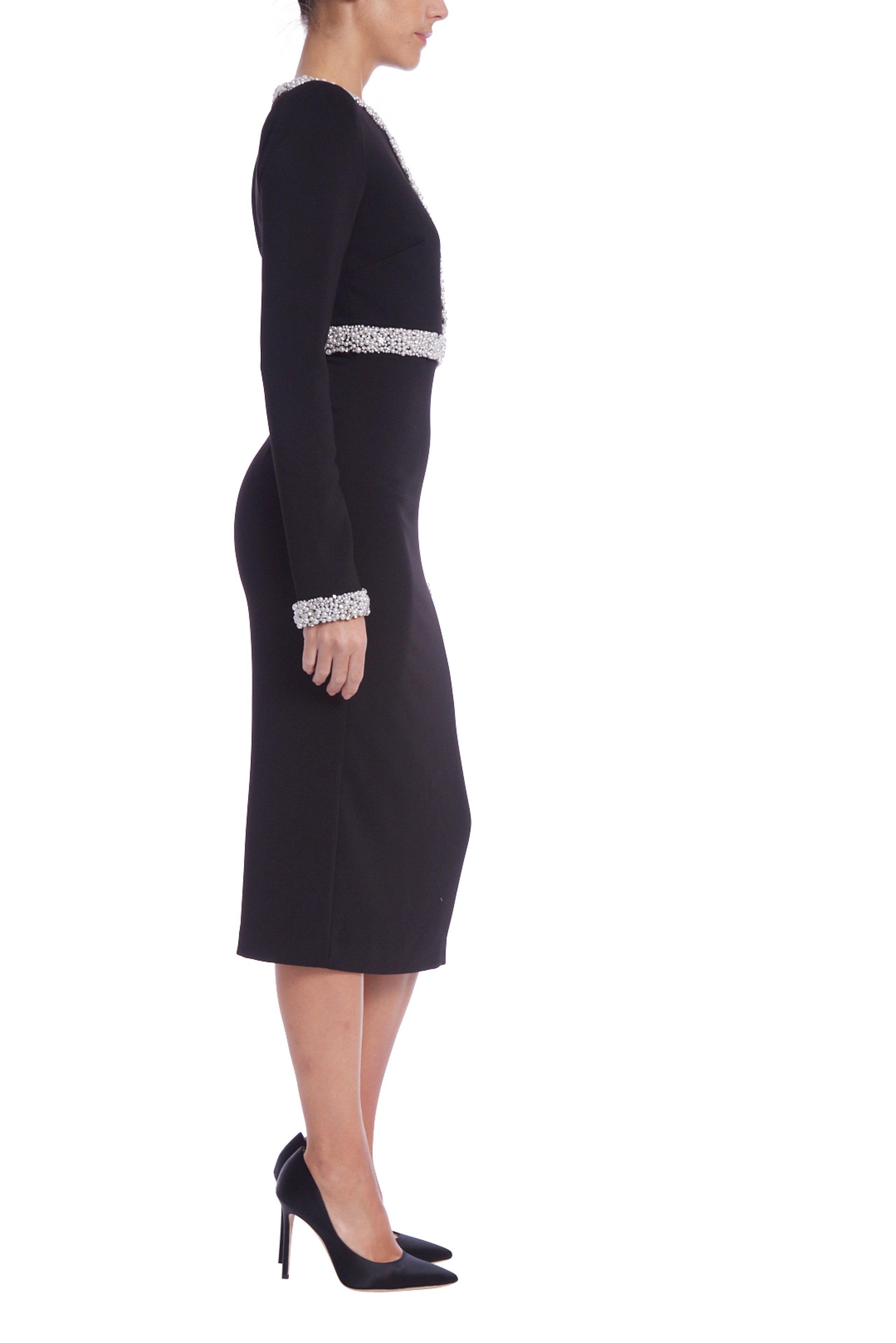 Badgley Mischka Pearl Encrusted Beading Round Neckline Long Sleeves Below the Knee Midi Sheath Silhouette Dress | Available at Curated Brands in Los Angeles Badgley Mischka Pearl Encrusted Beading Round Neckline Long Sleeves Below the Knee Midi Sheath Silhouette Dress | Available at Curated Brands in Los Angeles
