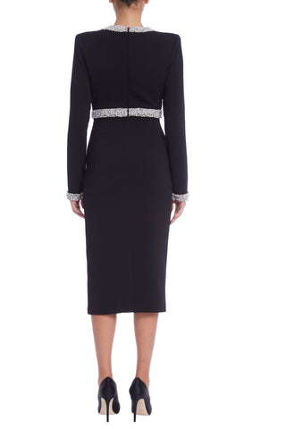 Badgley Mischka Pearl Encrusted Beading Round Neckline Long Sleeves Below the Knee Midi Sheath Silhouette Dress | Available at Curated Brands in Los Angeles Badgley Mischka Pearl Encrusted Beading Round Neckline Long Sleeves Below the Knee Midi Sheath Silhouette Dress | Available at Curated Brands in Los Angeles