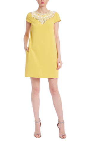 Badgley Mischka Beaded Neckline Cap Sleeve Shift Dress - YELLOW - Front