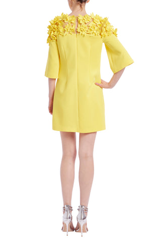Badgley Mischka Flower Across Shoulder Elbo-Length Sleeves Above-The-Knee Hemline Shift Dress - YELLOW - back