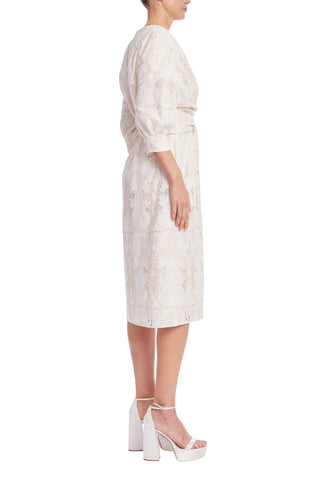 badgley mischka white dress Badgley Mischka V-Neckline Quarter Puff Sleeves Belt Sash Back Zipper – Curated Brands