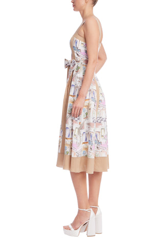 Badgley Mischka Watercolor Cityscape Sleeveless Bow-Tie Waist Fitted Bodice Flowy Hem Midi Skirt Dress