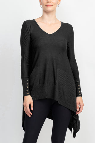 Cupio Boat Neck Long Sleeve High Low Hem Top-Black-Front View