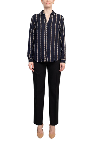 Joan Vass NY Collared V-Neck Button Down Button Cuffed Long Sleeve Back Yoke Printed Woven Top