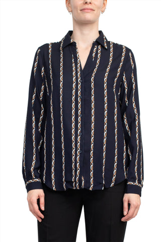 Joan Vass NY Collared V-Neck Button Down Button Cuffed Long Sleeve Back Yoke Printed Woven Top - Navy Multi - Front