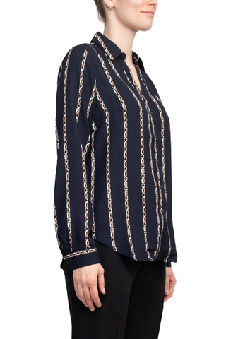 Joan Vass NY Collared V-Neck Button Down Button Cuffed Long Sleeve Back Yoke Printed Woven Top - Navy Multi - Side