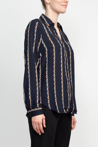 Joan Vass NY Collared V-Neck Button Down Button Cuffed Long Sleeve Back Yoke Printed Woven Top