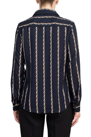 Joan Vass NY Collared V-Neck Button Down Button Cuffed Long Sleeve Back Yoke Printed Woven Top - Navy Multi - Back