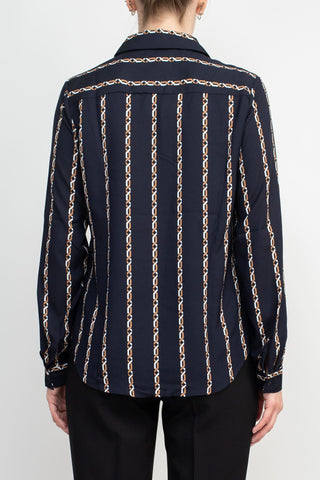 Joan Vass NY Collared V-Neck Button Down Button Cuffed Long Sleeve Back Yoke Printed Woven Top