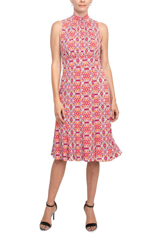 Donna Morgan Ruched High Neck Sleeveless Tie Back Multi Print Jersey Dress