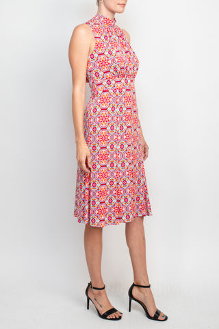 Donna Morgan Ruched High Neck Sleeveless Tie Back Multi Print Jersey Dress