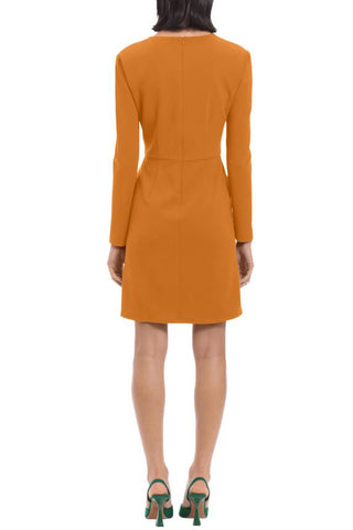 Donna Morgan Long Sleeve Sheath Dress with Flap Pockets at Side Hips - GOLD - Back 