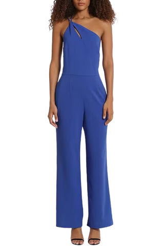 Donna Morgan Stretch One Shoulder with Keyhole Neck Jumpsuit - Blue - Front