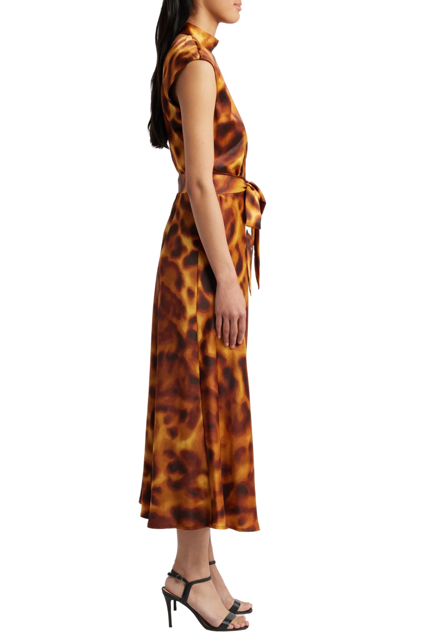 Tahari ASL Satin Print Sleeveless Mock Neck Midi Removable Tie Belt A-Line Back Zipper Dress Tahari ASL Satin Print Sleeveless Mock Neck Midi Removable Tie Belt A-Line Back Zipper Dress