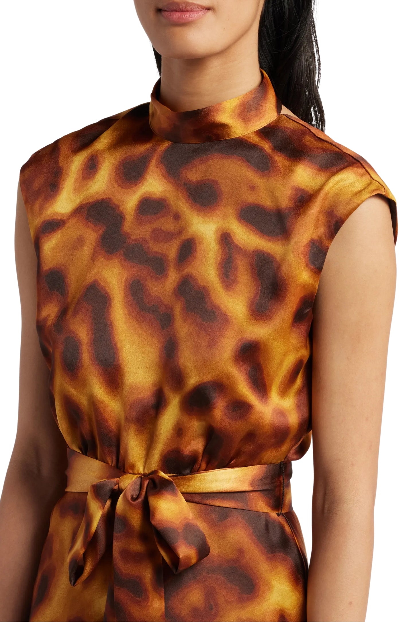 Tahari ASL Satin Print Sleeveless Mock Neck Midi Removable Tie Belt A-Line Back Zipper Dress Tahari ASL Satin Print Sleeveless Mock Neck Midi Removable Tie Belt A-Line Back Zipper Dress