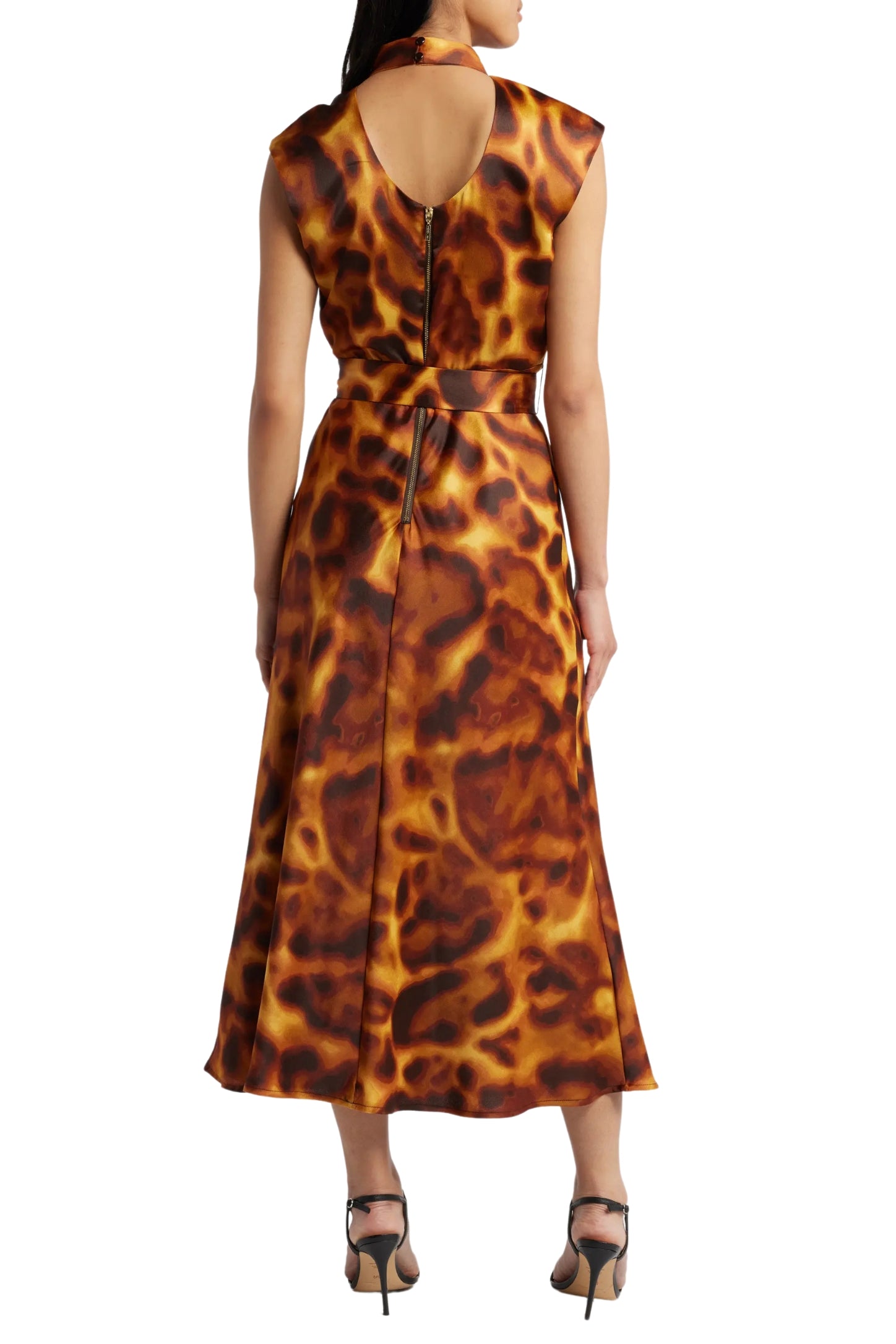 Tahari ASL Satin Print Sleeveless Mock Neck Midi Removable Tie Belt A-Line Back Zipper Dress Tahari ASL Satin Print Sleeveless Mock Neck Midi Removable Tie Belt A-Line Back Zipper Dress