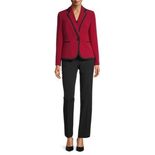 Le Suit Notched Collar One Button Closure Slit Cuff Piping Detail Jacket with Button Hook Zipper Closure Pockets Slim Pants (Two Piece Set)