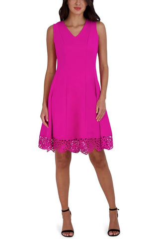 Donna Ricco V-Neck Sleeveless A-Line Zipper Back Embroidered Hem Scuba Dress - FUCHSIA - front 