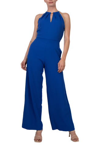 Donna Ricco Halter Chain Neck Keyhole Front Sleeveless Zipper Back Pockets Solid Crepe Jumpsuit