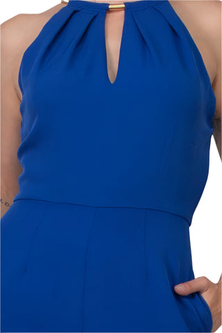 Donna Ricco Halter Chain Neck Keyhole Front Sleeveless Zipper Back Pockets Solid Crepe Jumpsuit | Available at Curated Brands in Los Angeles Donna Ricco Halter Chain Neck Keyhole Front Sleeveless Zipper Back Pockets Solid Crepe Jumpsuit | Available at Curated Brands in Los Angeles