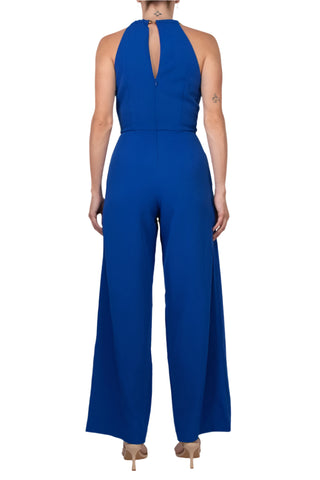 Donna Ricco Halter Chain Neck Keyhole Front Sleeveless Zipper Back Pockets Solid Crepe Jumpsuit