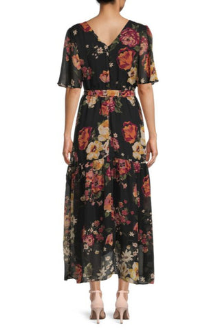 Donna Ricco Floral Flutter Sleeve Chiffon Maxi Dress - BLACK MULTI - Back