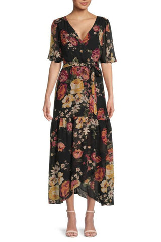 Donna Ricco Floral Flutter Sleeve Chiffon Maxi Dress - BLACK MULTI - Front 