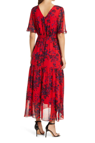 Donna Rico Floral Faux Wrap Flutter Sleeve Dress - Red Multi - Back