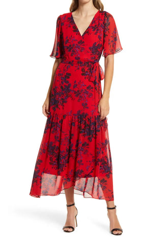 Donna Rico Floral Faux Wrap Flutter Sleeve Dress - Red Multi - Front 