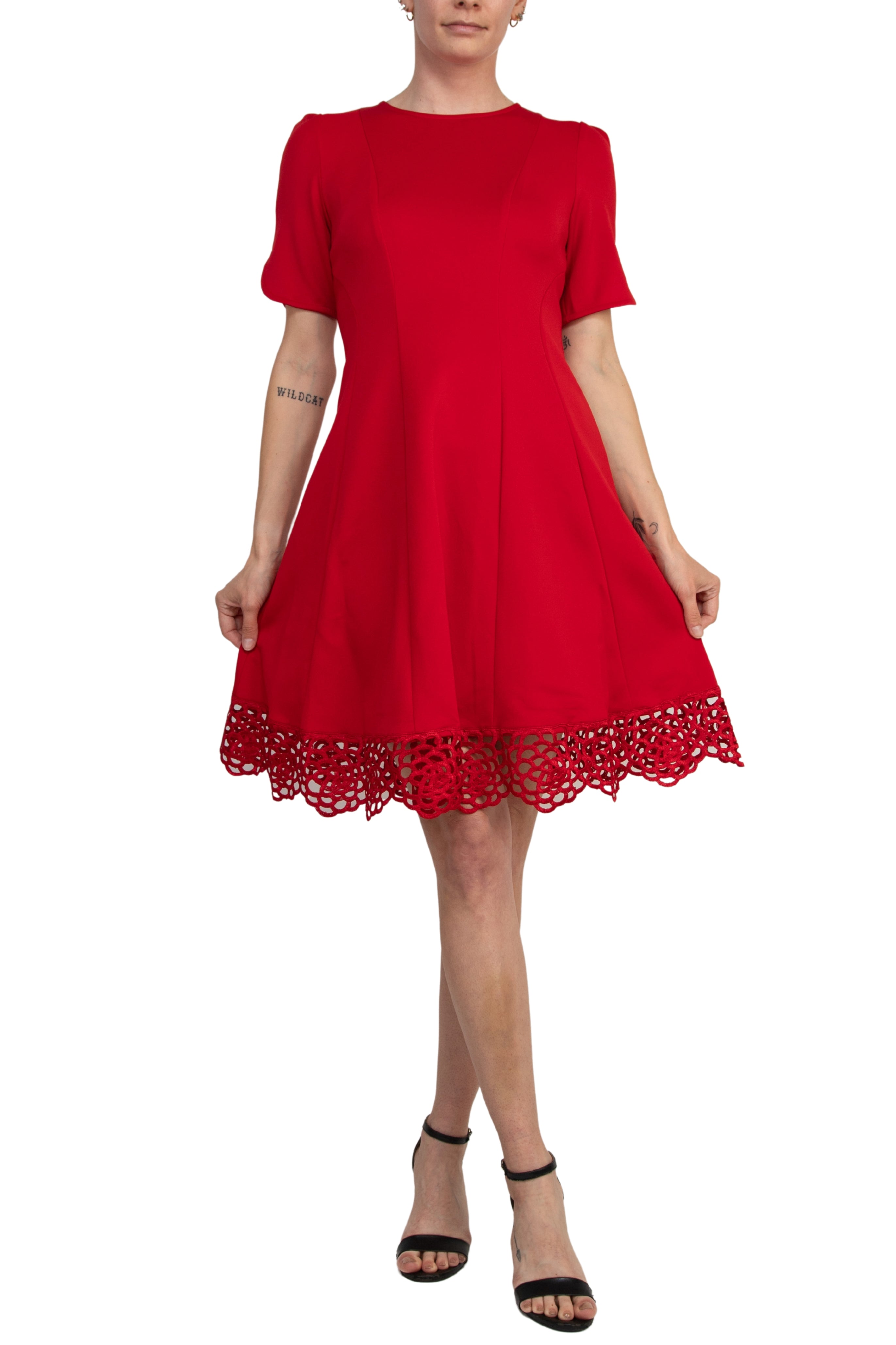 Donna Ricco Crew Neck Short Sleeve Crochet Trim Flare Dress | Available at Curated Brands in Los Angeles Donna Ricco Crew Neck Short Sleeve Crochet Trim Flare Dress | Available at Curated Brands in Los Angeles