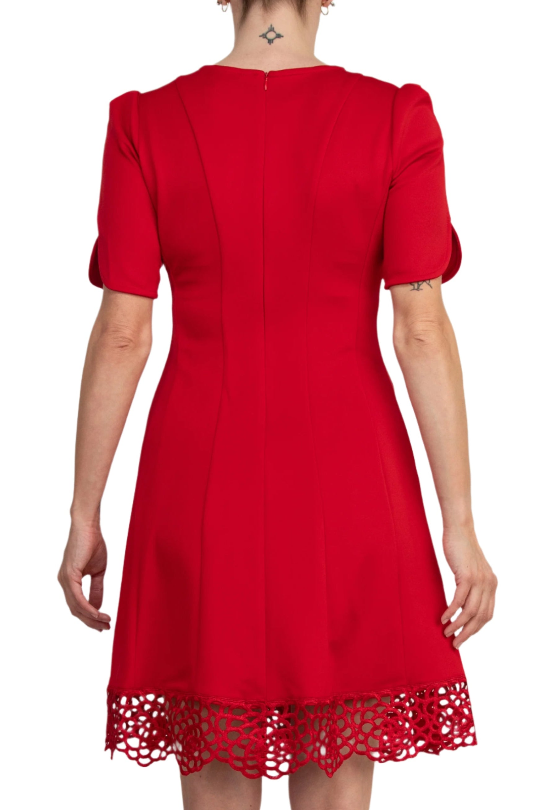 Donna Ricco Crew Neck Short Sleeve Crochet Trim Flare Dress | Available at Curated Brands in Los Angeles Donna Ricco Crew Neck Short Sleeve Crochet Trim Flare Dress | Available at Curated Brands in Los Angeles