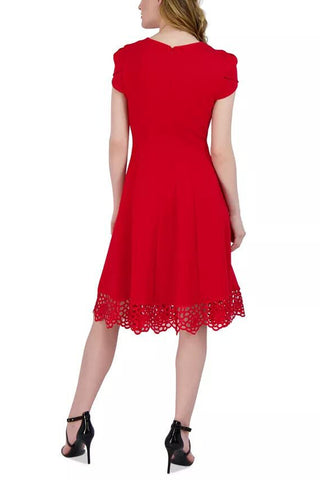Donna Ricco Round-Neck Sleeveless Fit & Flare Scuba Crepe Dress - Red - Back
