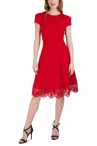 Donna Ricco Round-Neck Sleeveless Fit & Flare Scuba Crepe Dress - Red - Front