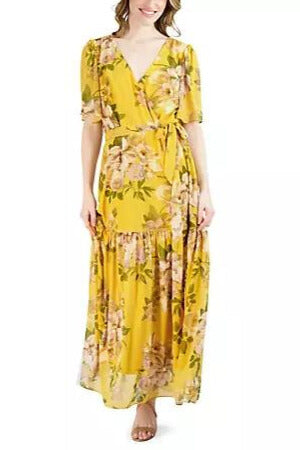 Donna Ricco V-Neck Flutter Sleeve A-Line Maxi Dress - YELLOW MULTI - Front 