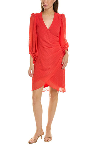 Donna Ricco Swiss Dot Balloon Sleeve Faux Wrap Dress - HOT CORAL - Front 