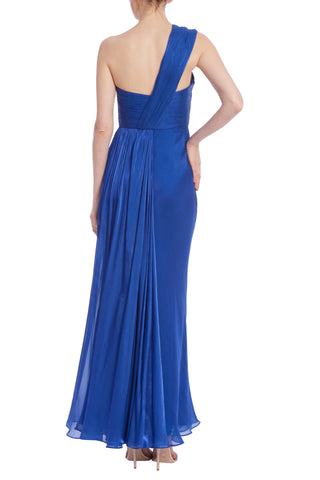 Badgley Mischka Draped One-Shoulder Pleated Chiffon Evening Gown - BRIGHT BLUE - BACK 