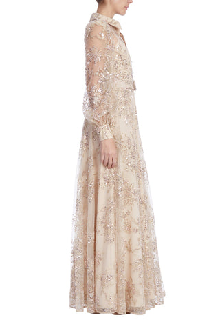 Badgley Mischka Floral Tulle Shirt Gown - Nude - Side Review