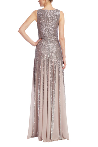 Badgley Mischka Sequined Godet Evening Gown - PEWTER - Back